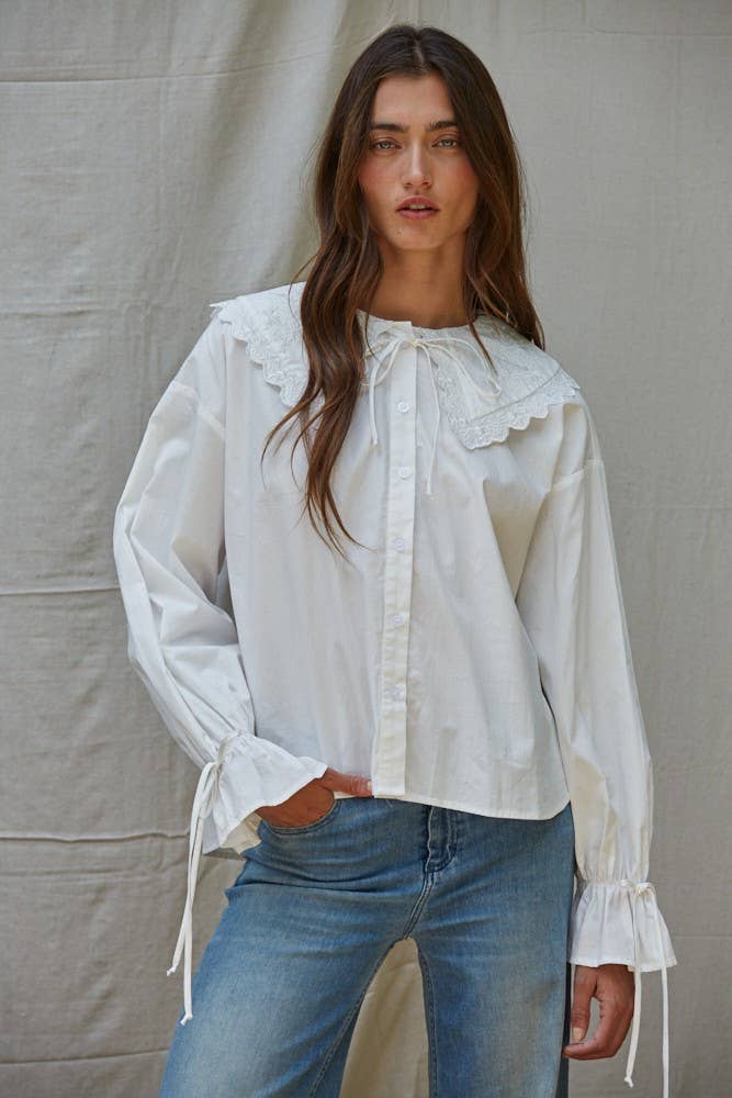 Buttondown Embroidered Wide Collar Top