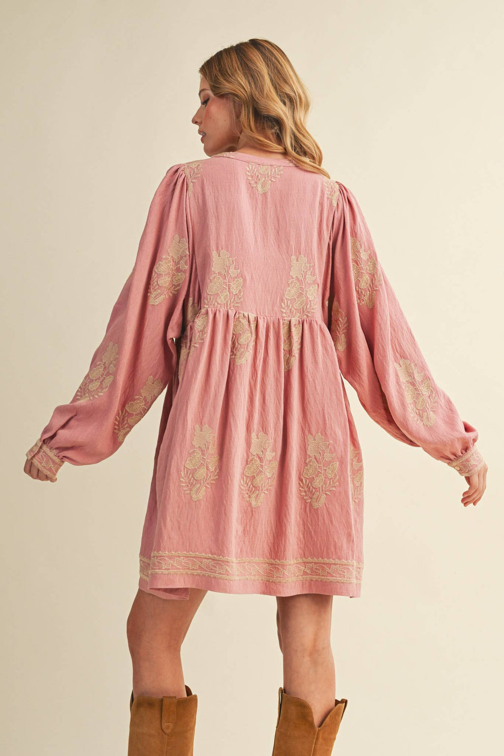 Embroidered Long Puff Sleeve Mini Dress