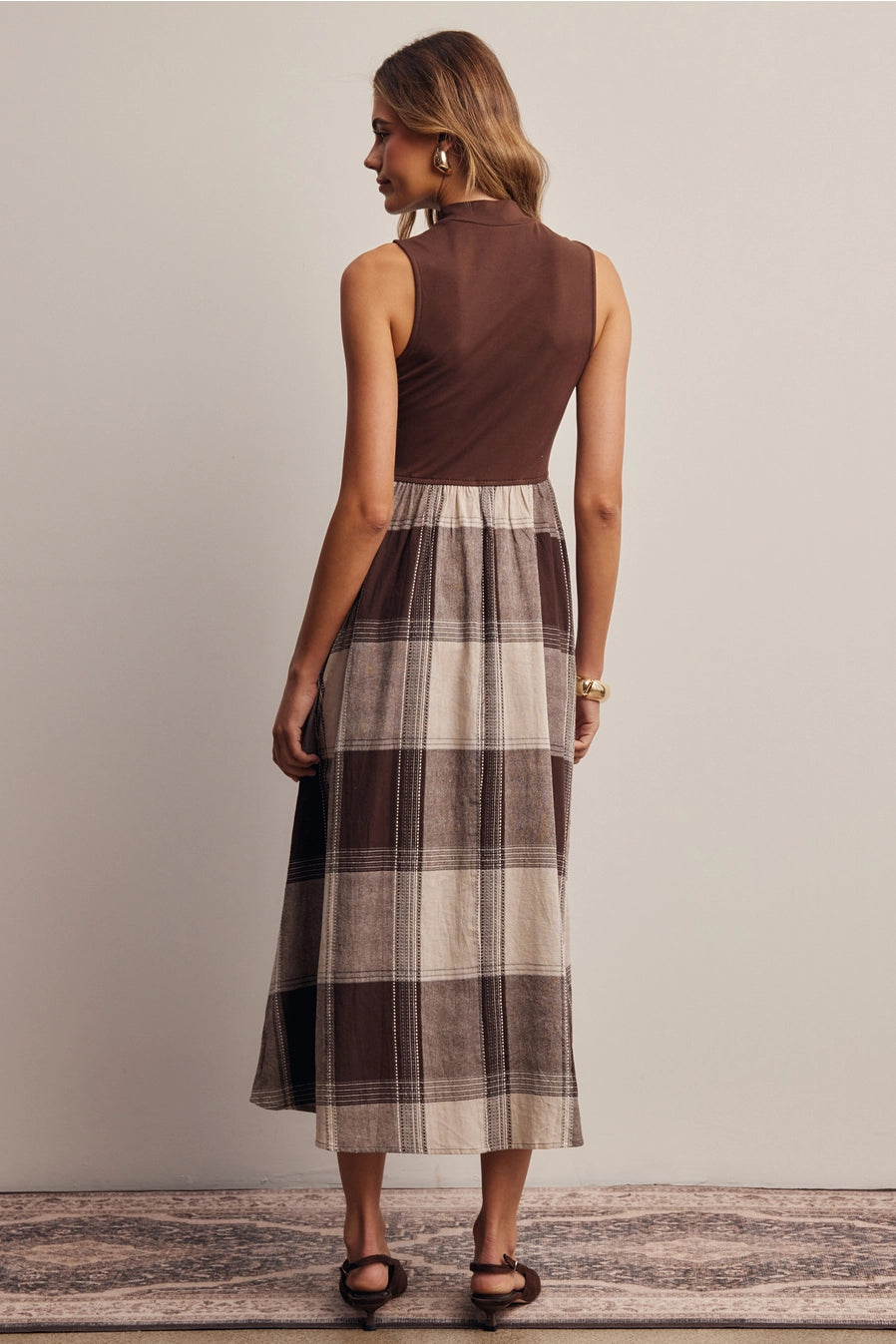 Mixed Media Plaid Midi Dress