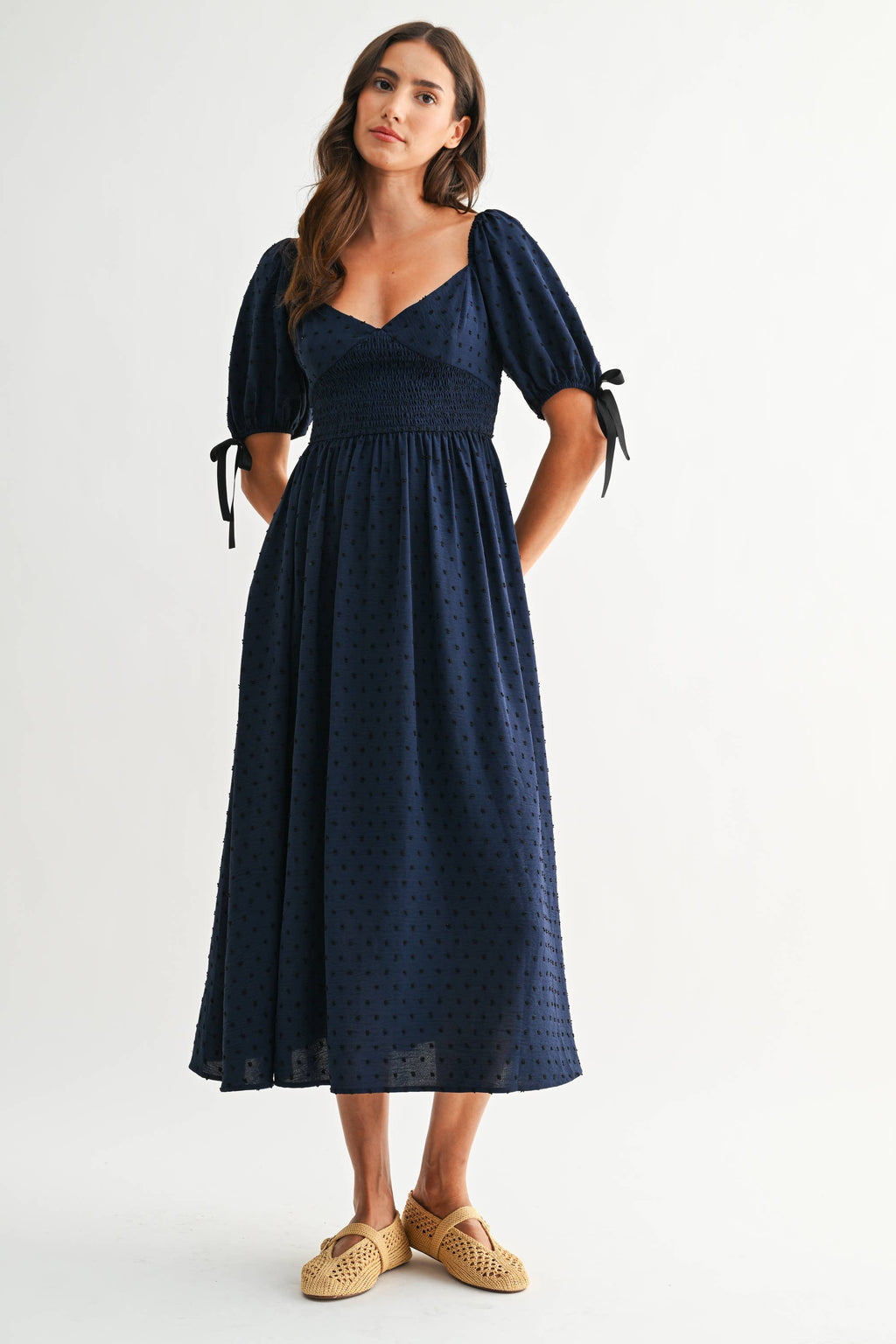 Smocked Bodice Textured Midi Dress