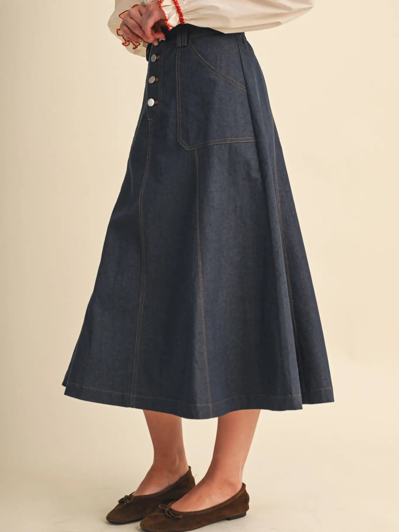Denim A-Line Midi Skirt