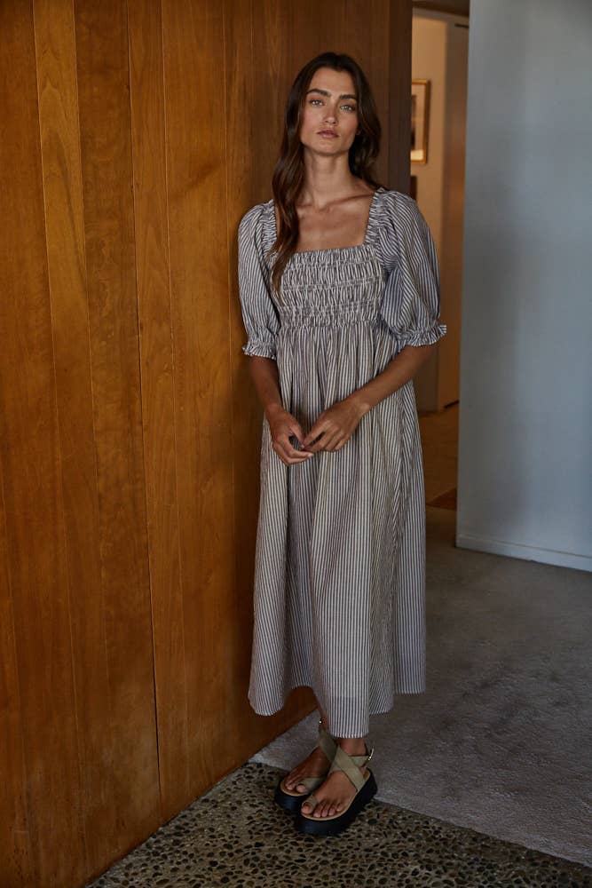 Linen Striped Smocked Midi Dress