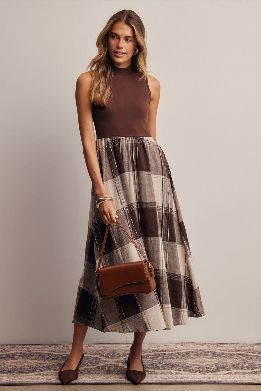 Mixed Media Plaid Midi Dress