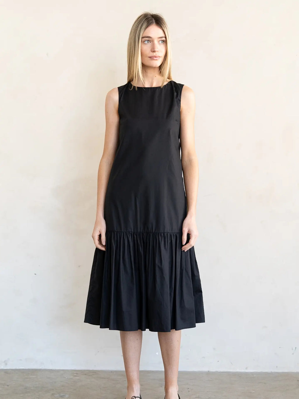 Jet Black Open Back Ruffled Poplin Midi Dress
