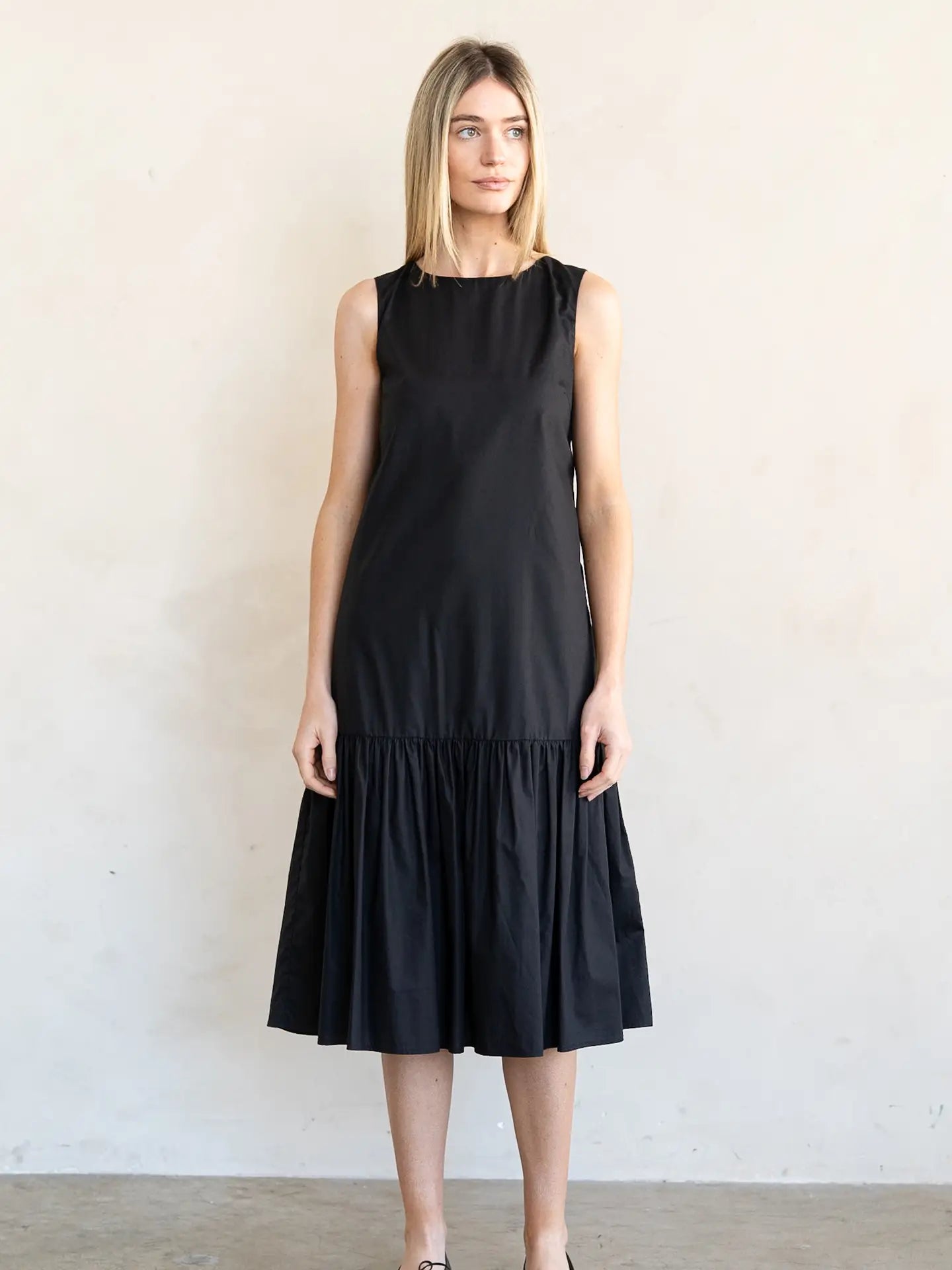 Jet Black Open Back Ruffled Poplin Midi Dress