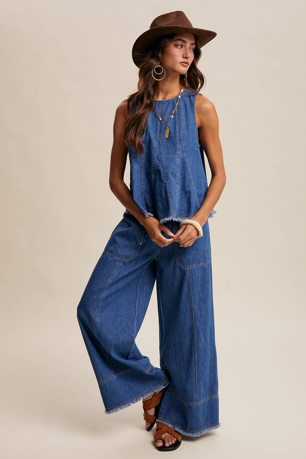 Washed Denim Tank & Wide-Leg Pants Set