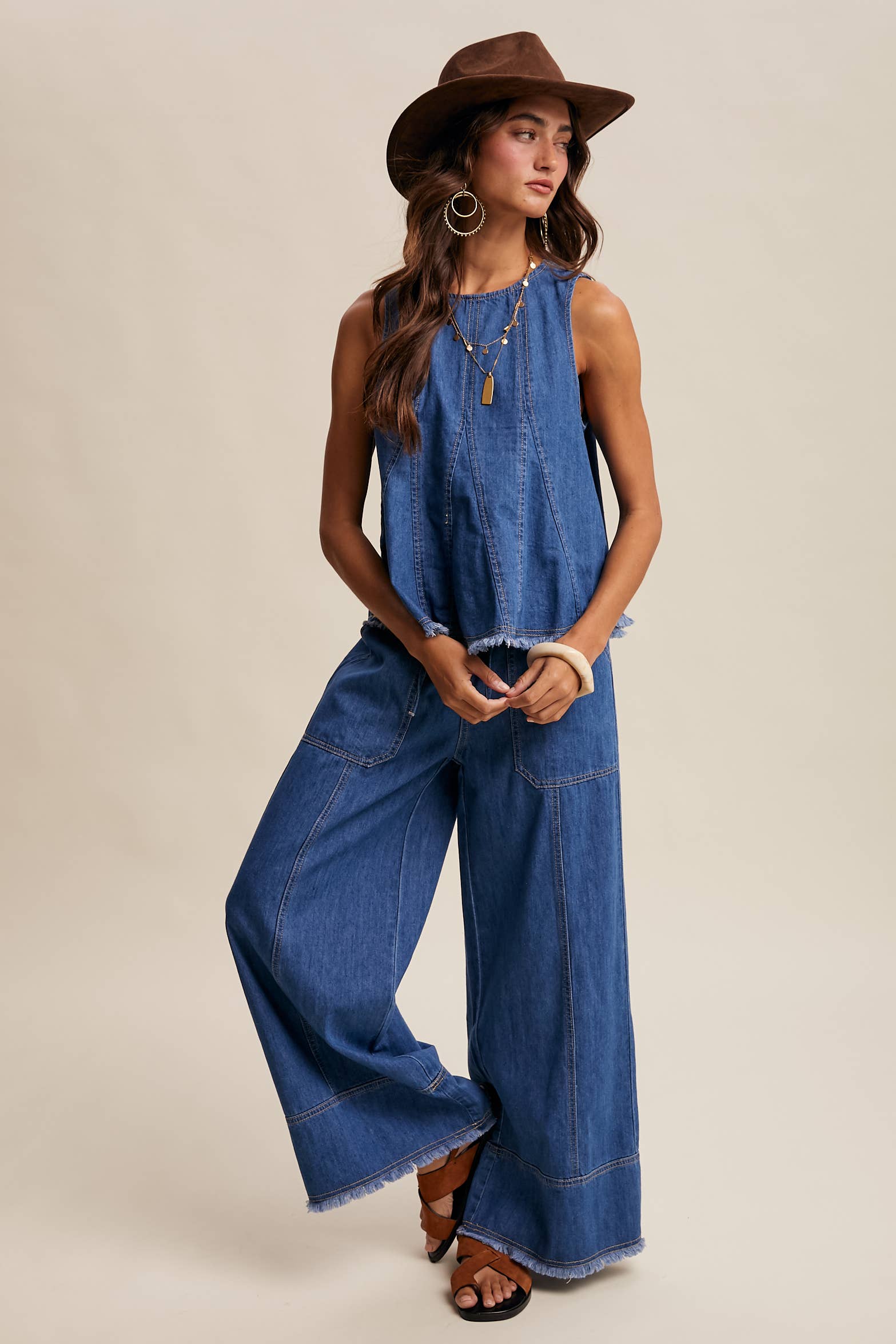 Washed Denim Tank & Wide-Leg Pants Set