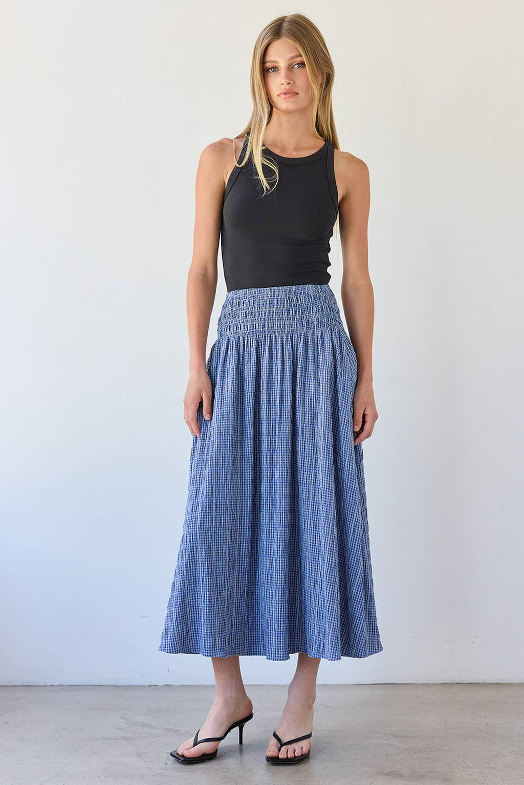 Smocked Waist Check Midi Skirt