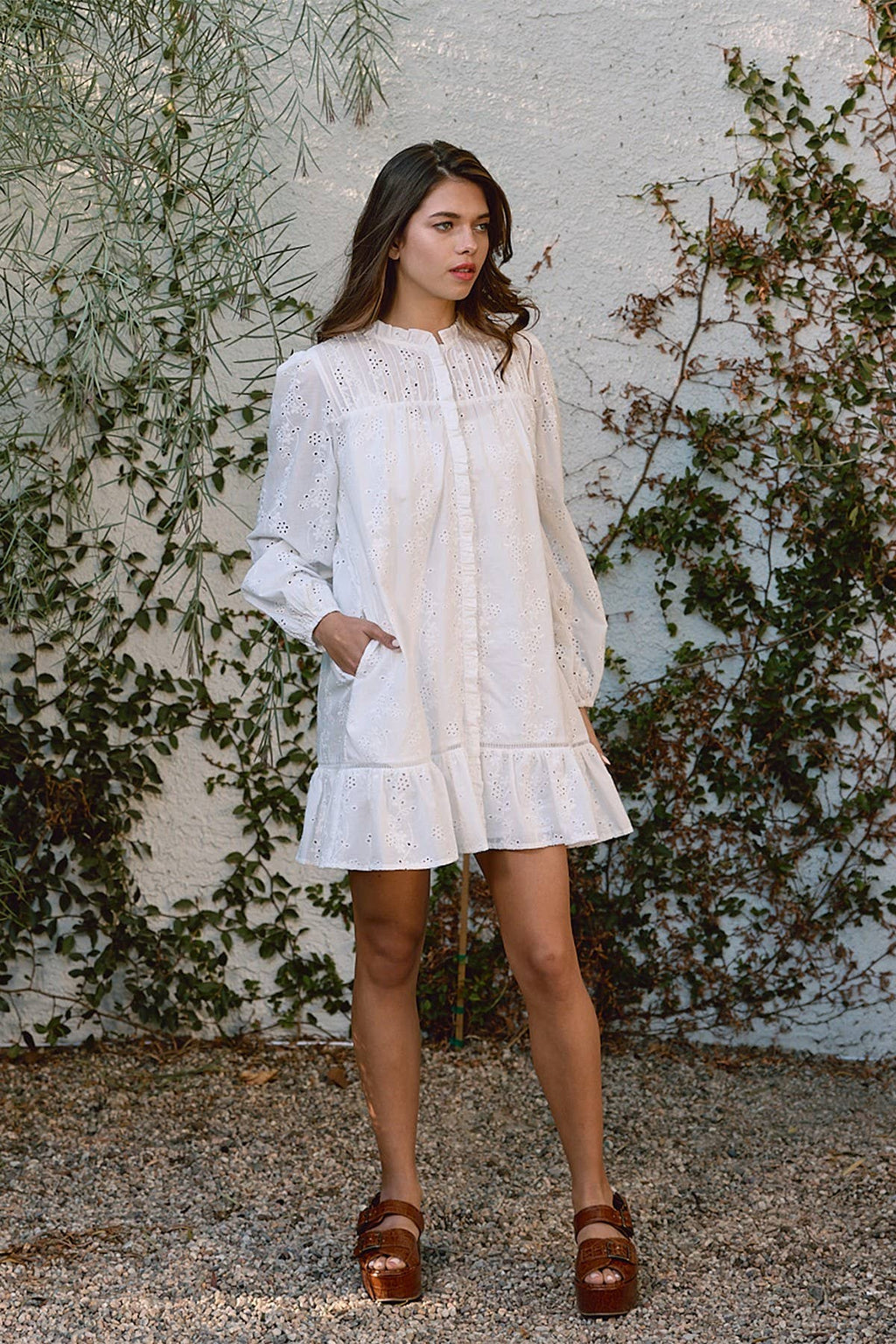 Ruffle Pintuck Dress With Tie