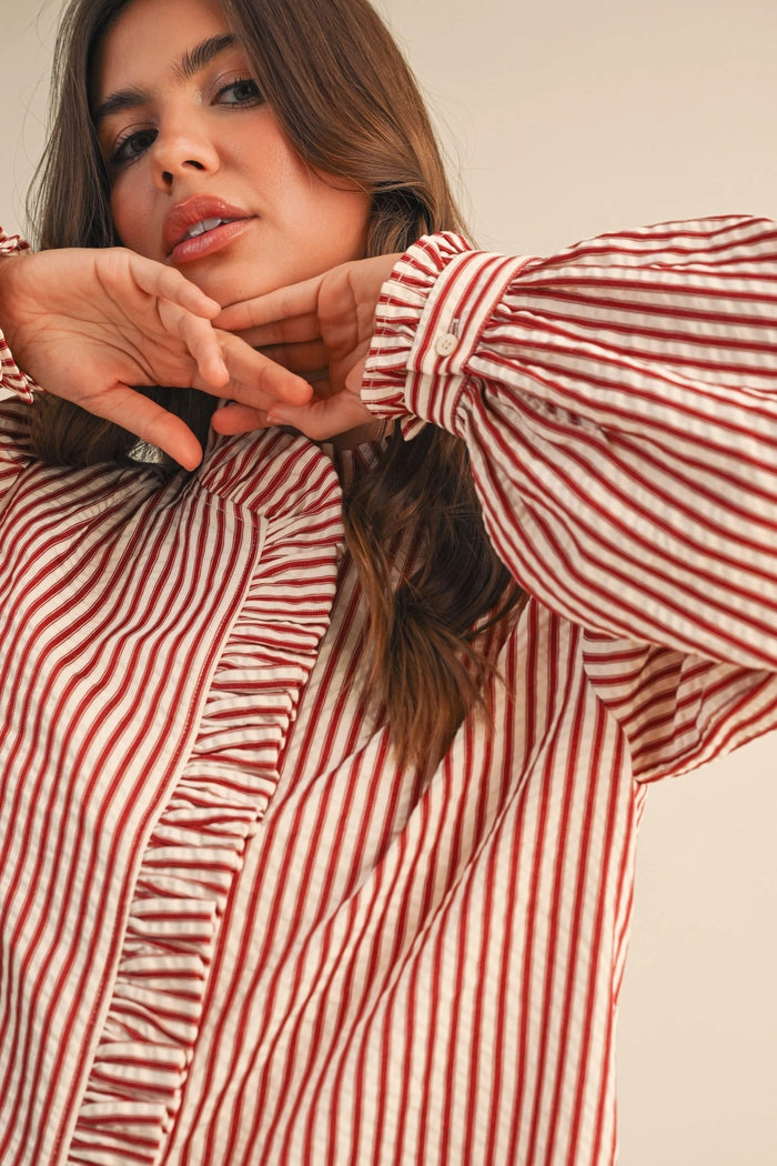 Striped Ruffled Button Down Top