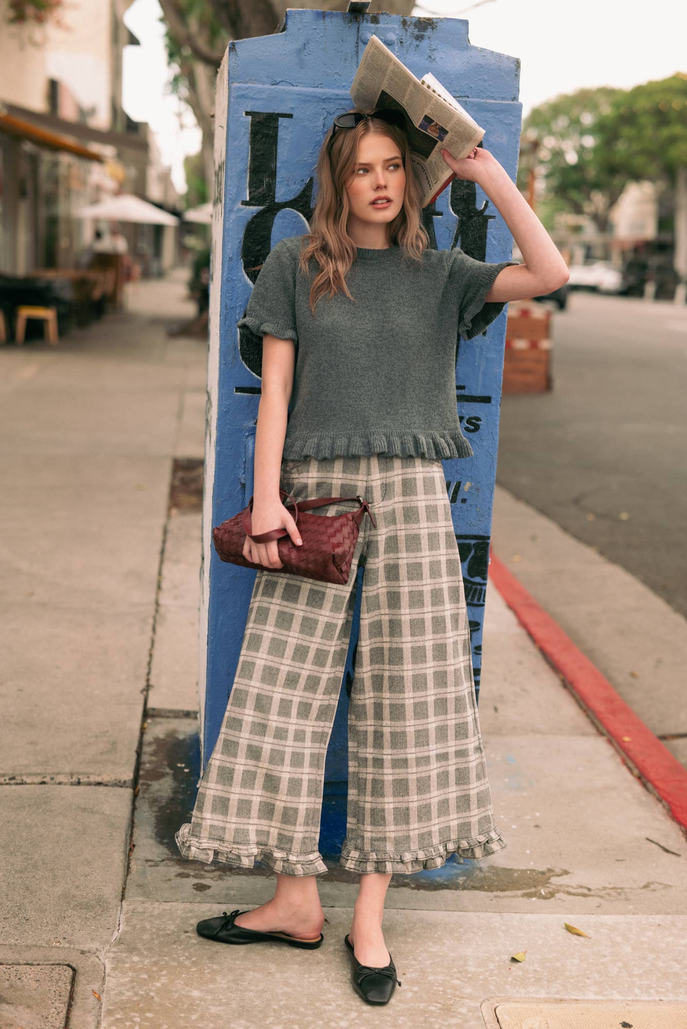 Ruffle Detail Plaid Pants