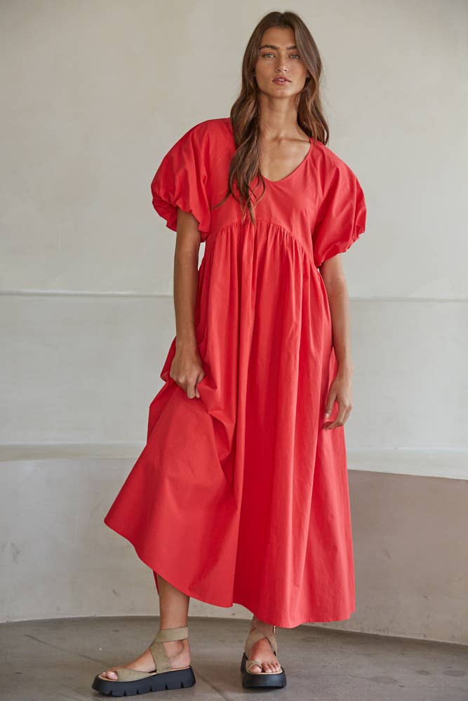 V-Neck Puff Sleeve Maxi Dress