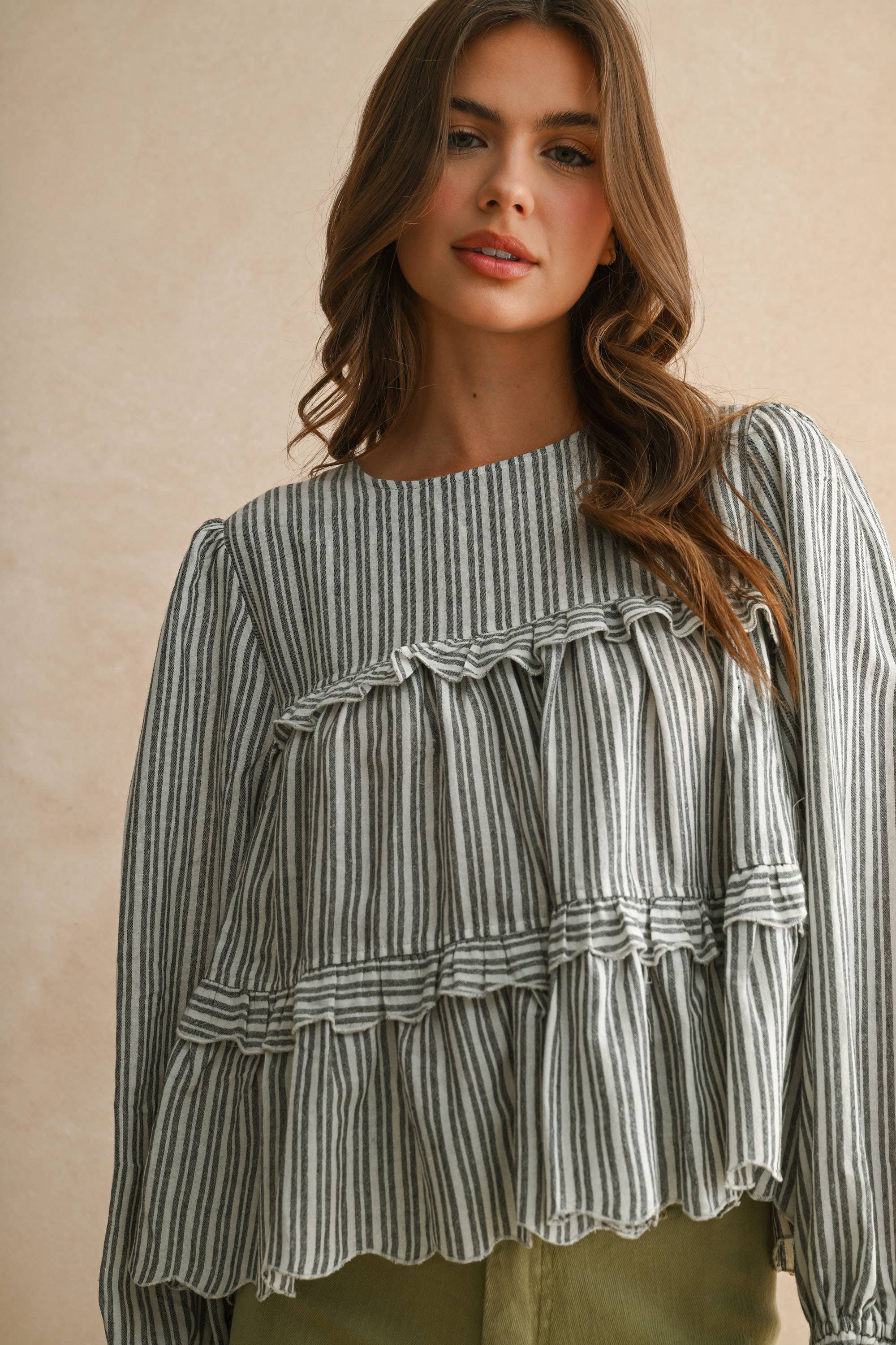 Striped Pattern Ruffle Detail Blouse
