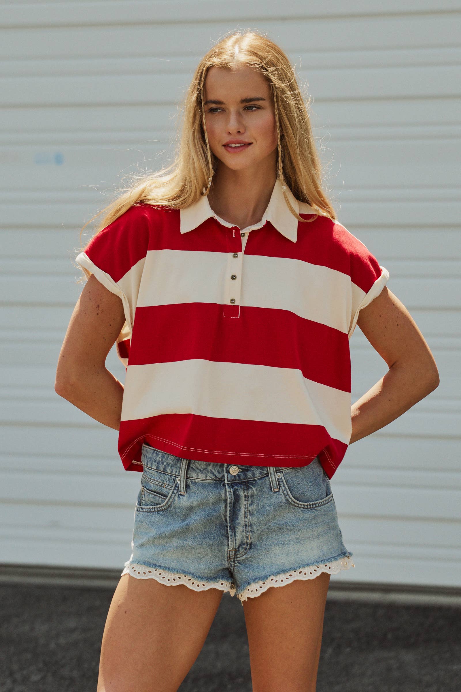 Dolman Sleeve Polo Shirt in Ivory Red