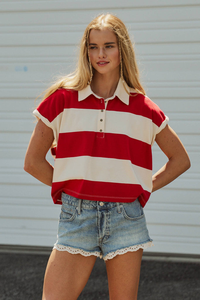 Dolman Sleeve Polo Shirt in Ivory Red
