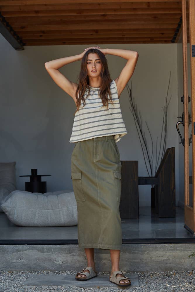 Olive Midi Skirt With Side Pockets