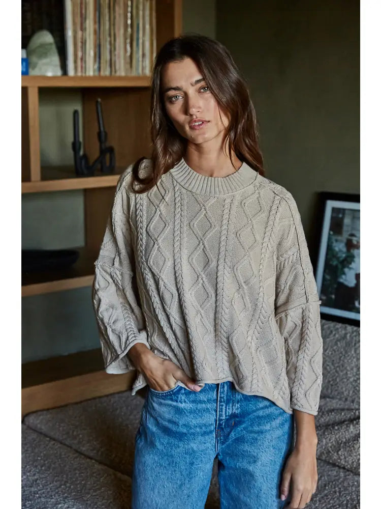 Knit Cable Pullover Sweater in Taupe