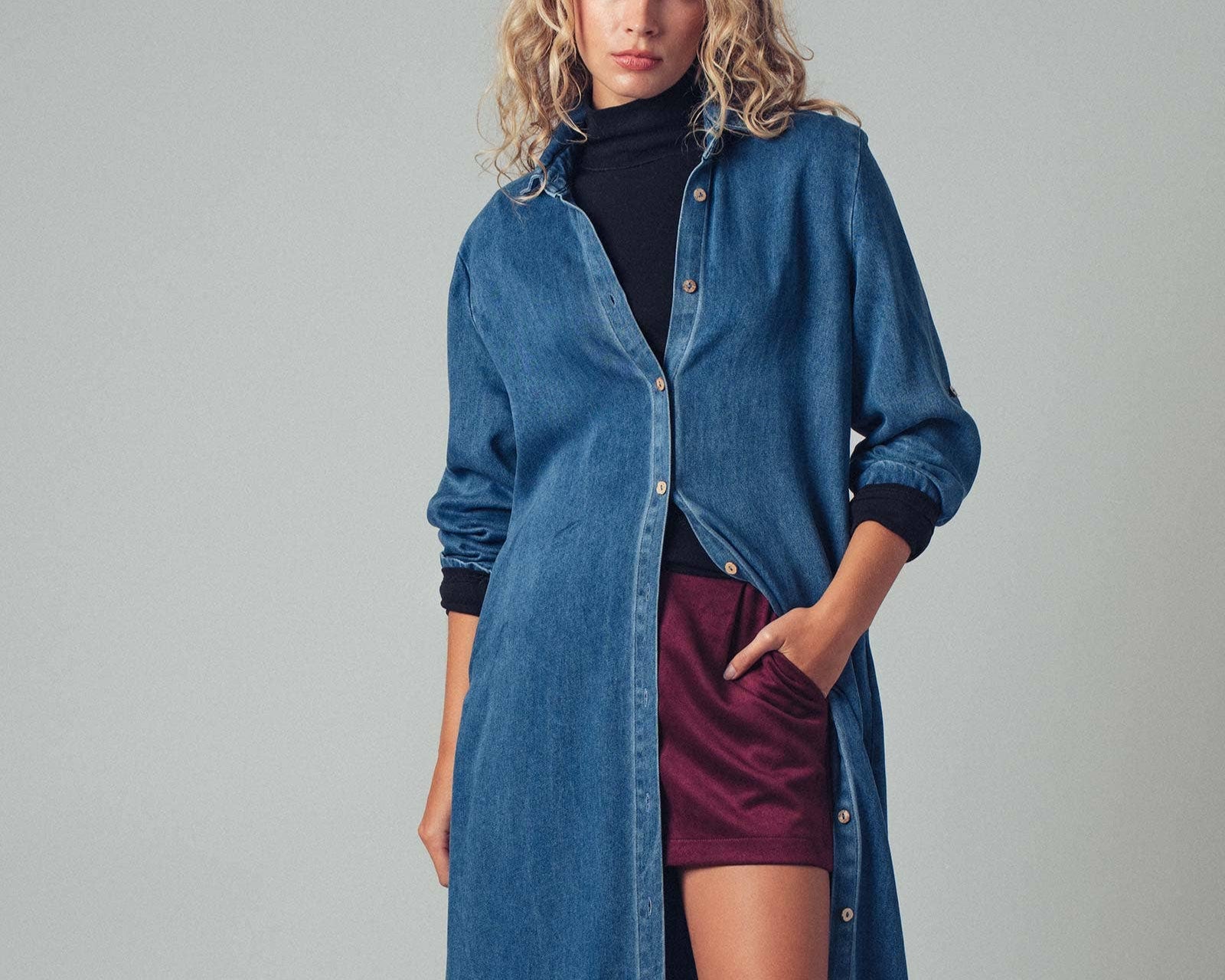 Button-Down Western Denim Midi Dress