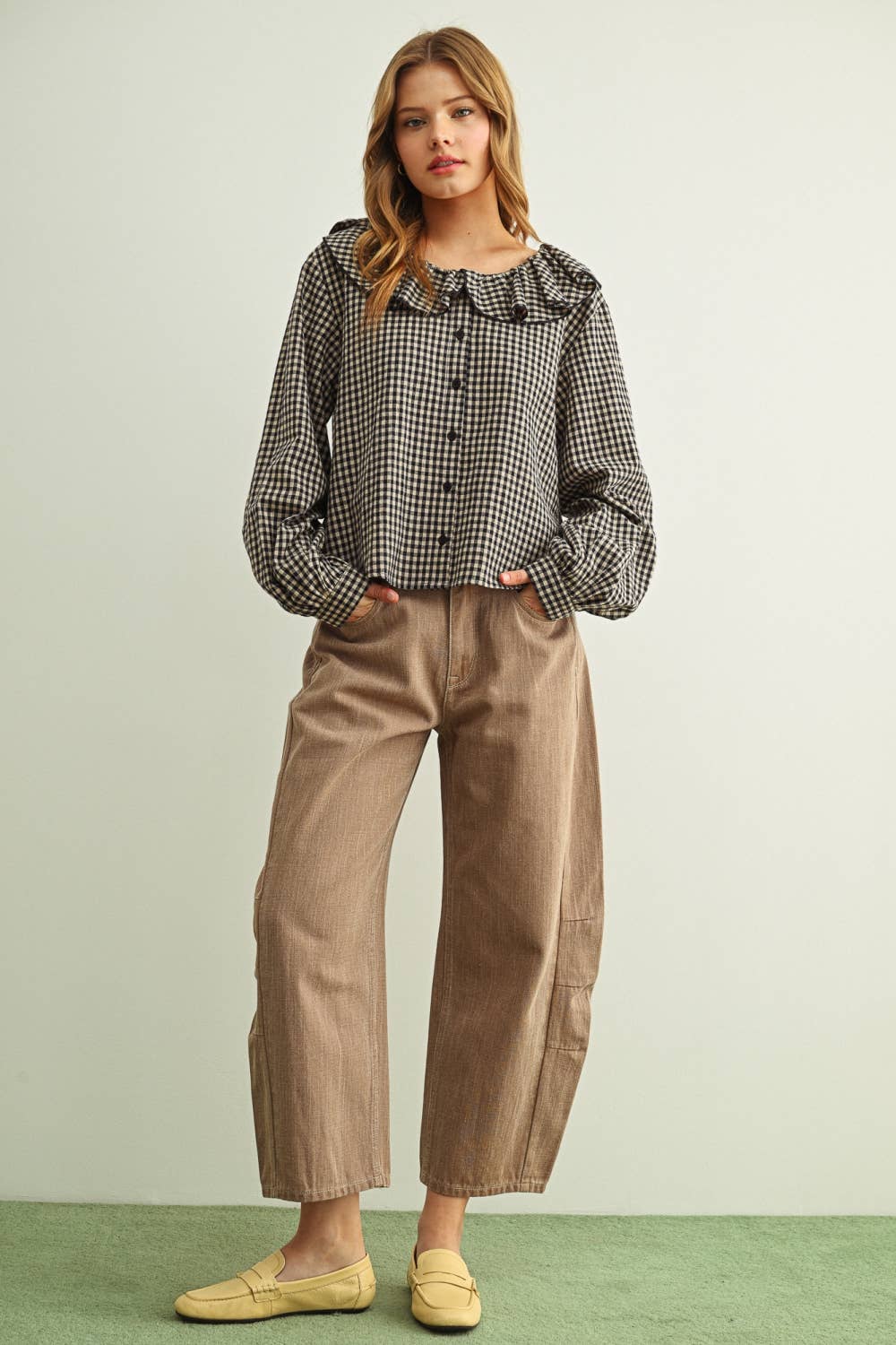 Mini Gingham Ruffled Collar Blouse