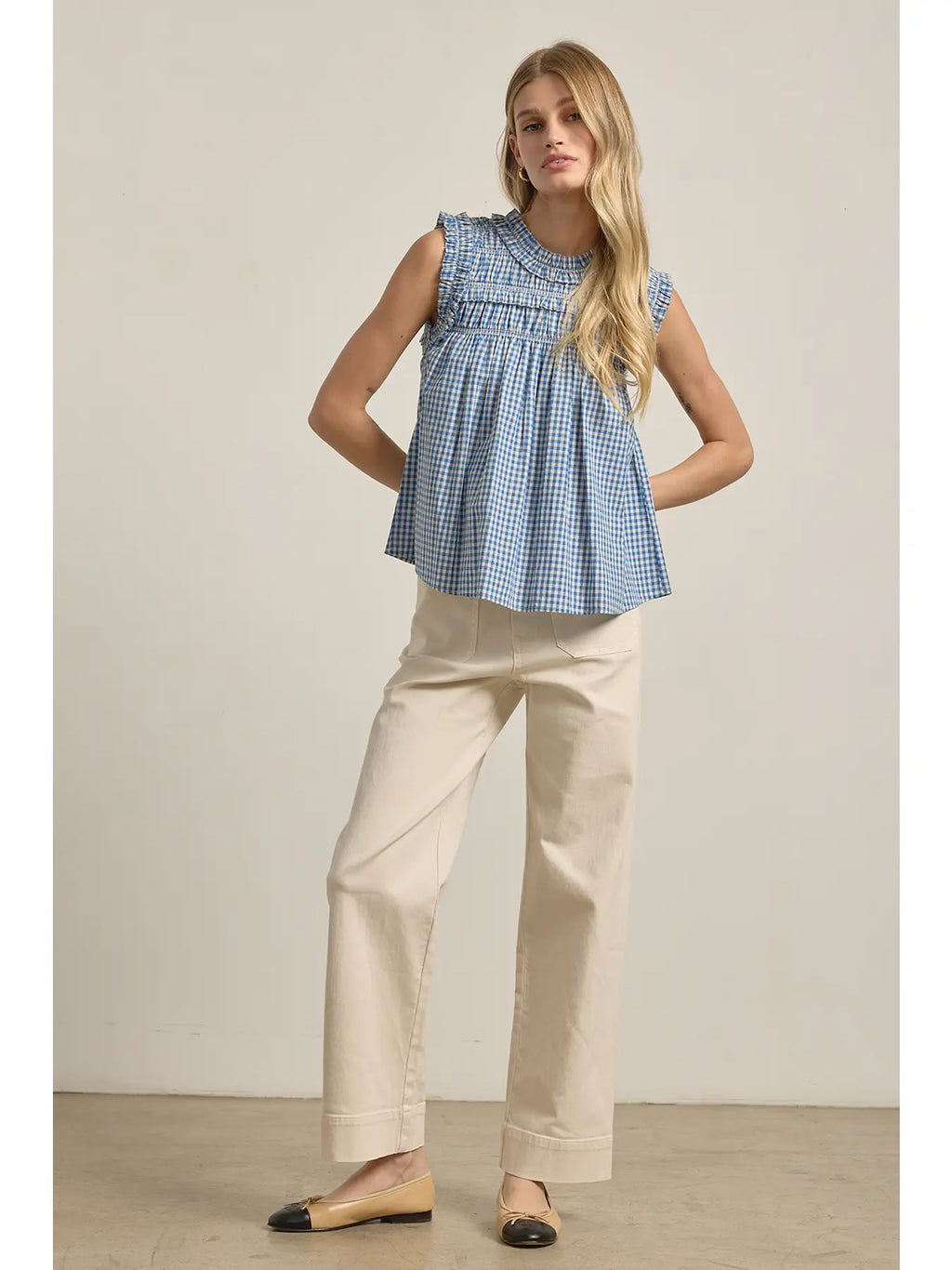 Gingham Ruffle Blouse in Blue