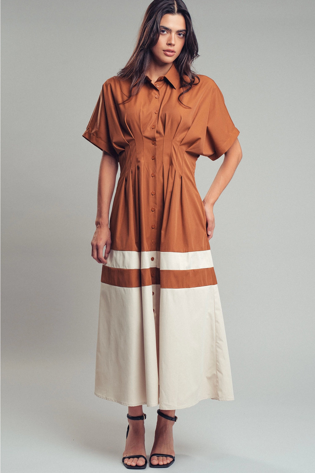 Colorblock Button-Up Cotton Midi Dress