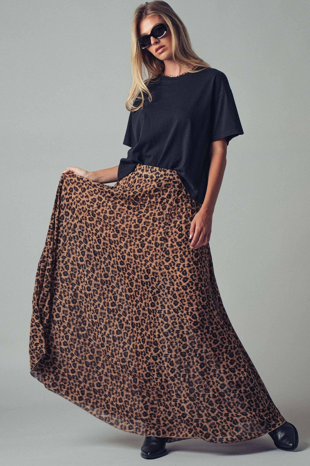 Leopard Print Pleated Midi Skirt
