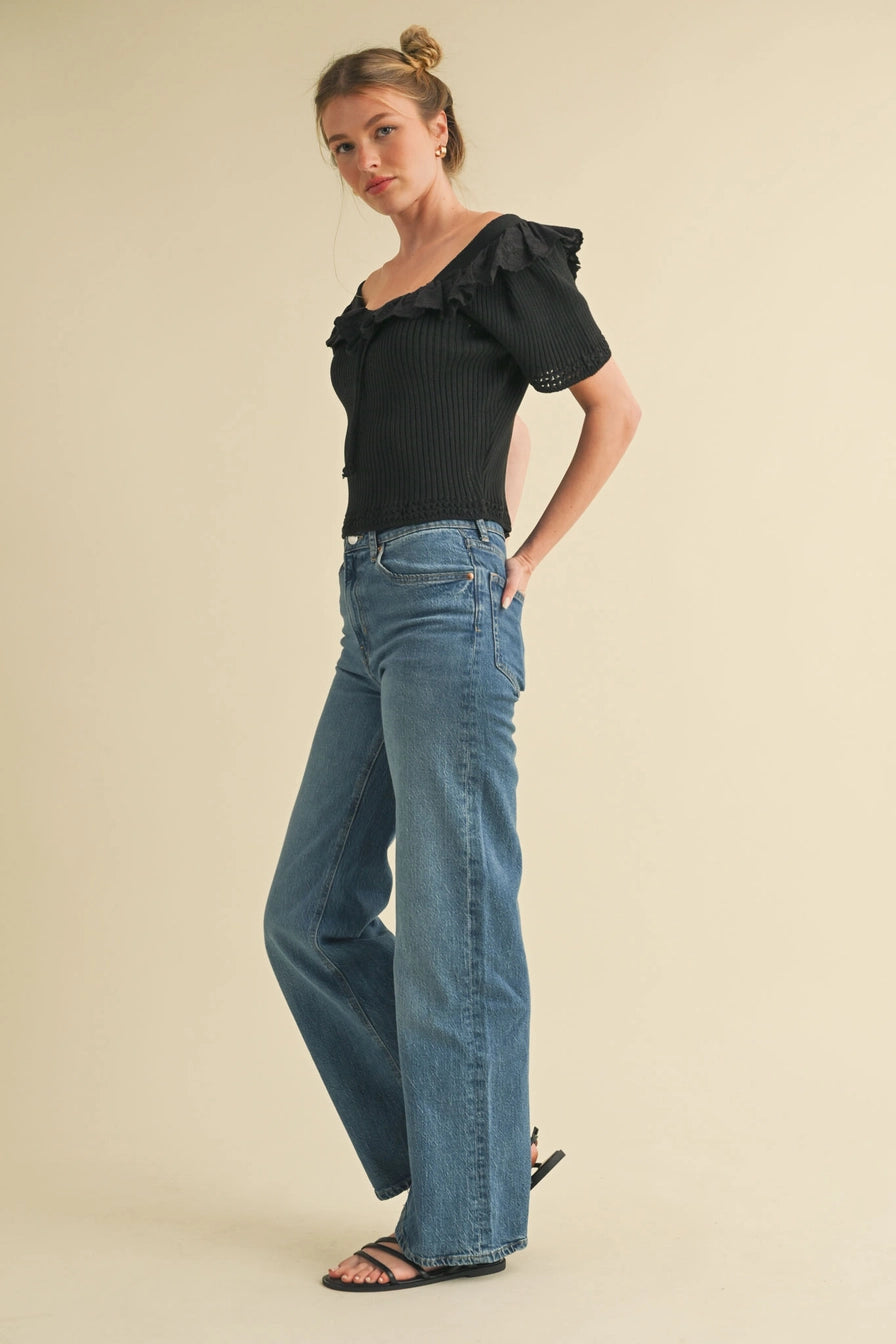 Black Ruffle Trim Short Sleeve Sweater