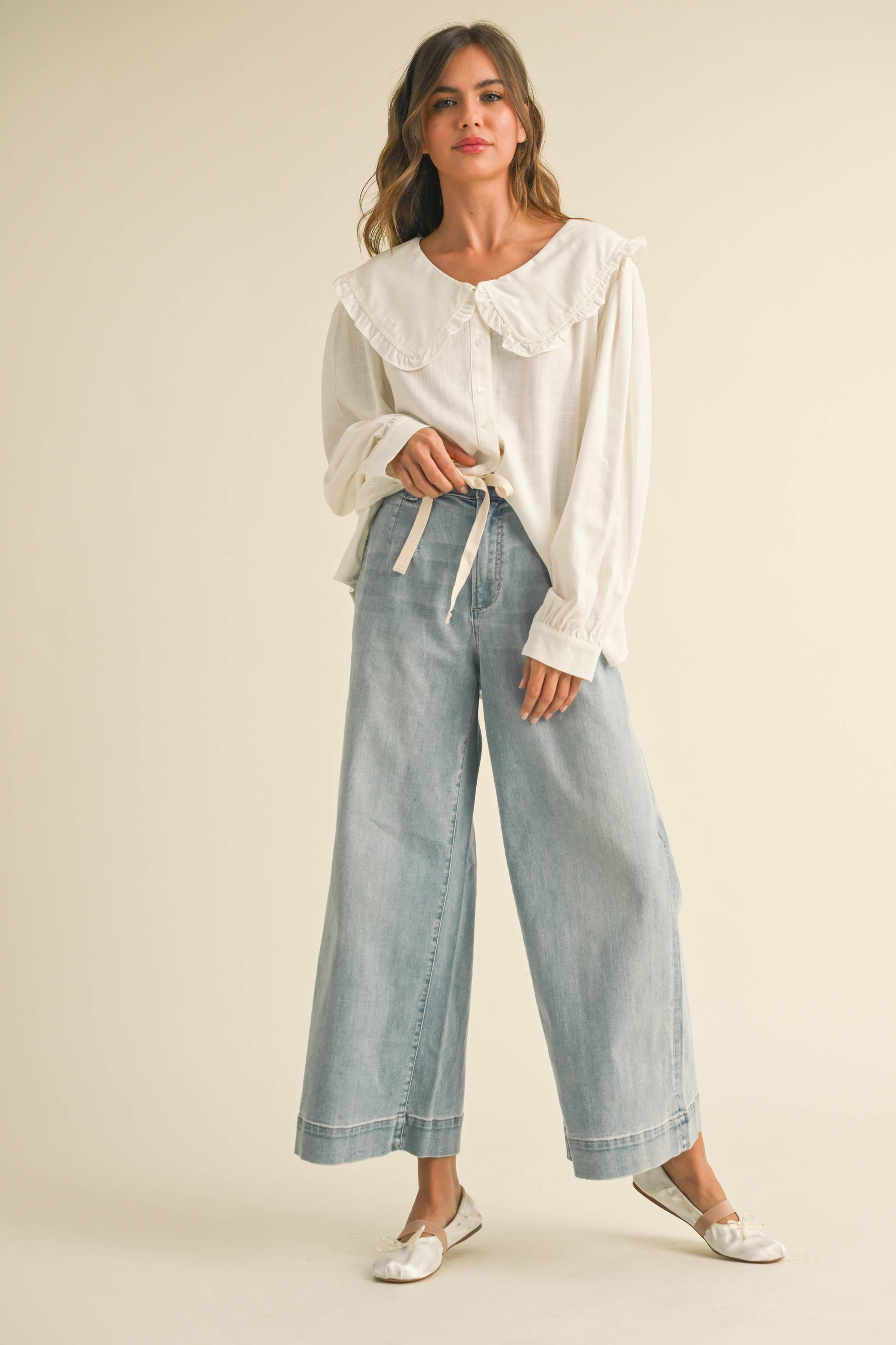 Washed Denim Front Tie Pants