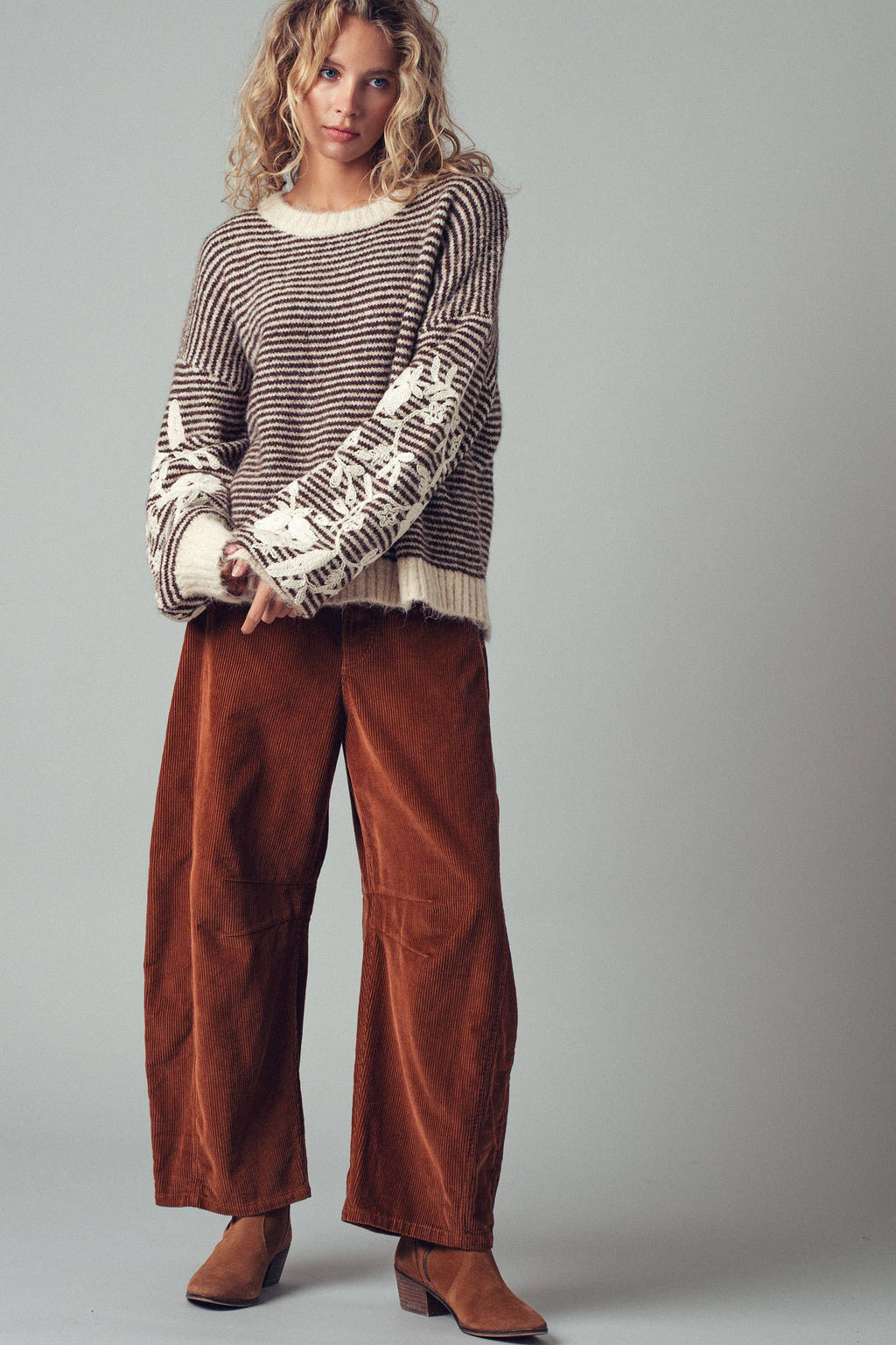 Inseam Stitch Detail Corduroy Barrel Jeans