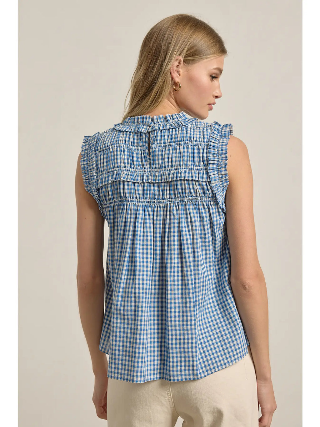 Gingham Ruffle Blouse in Blue
