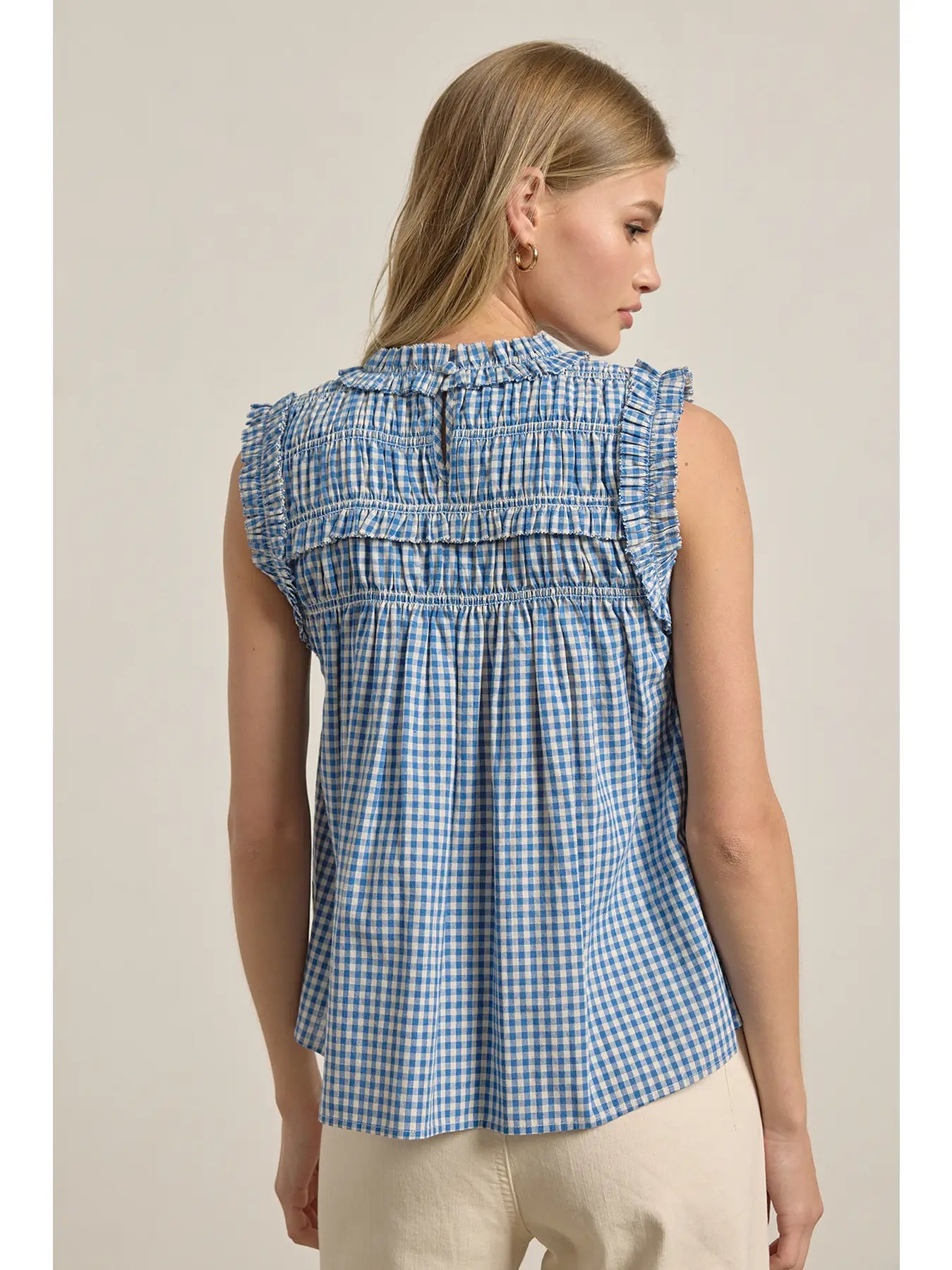 Gingham Ruffle Blouse in Blue
