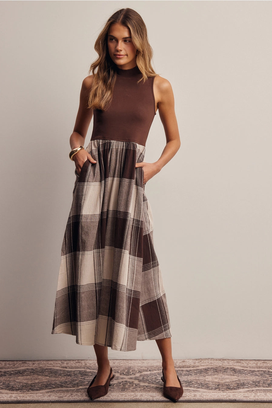 Mixed Media Plaid Midi Dress
