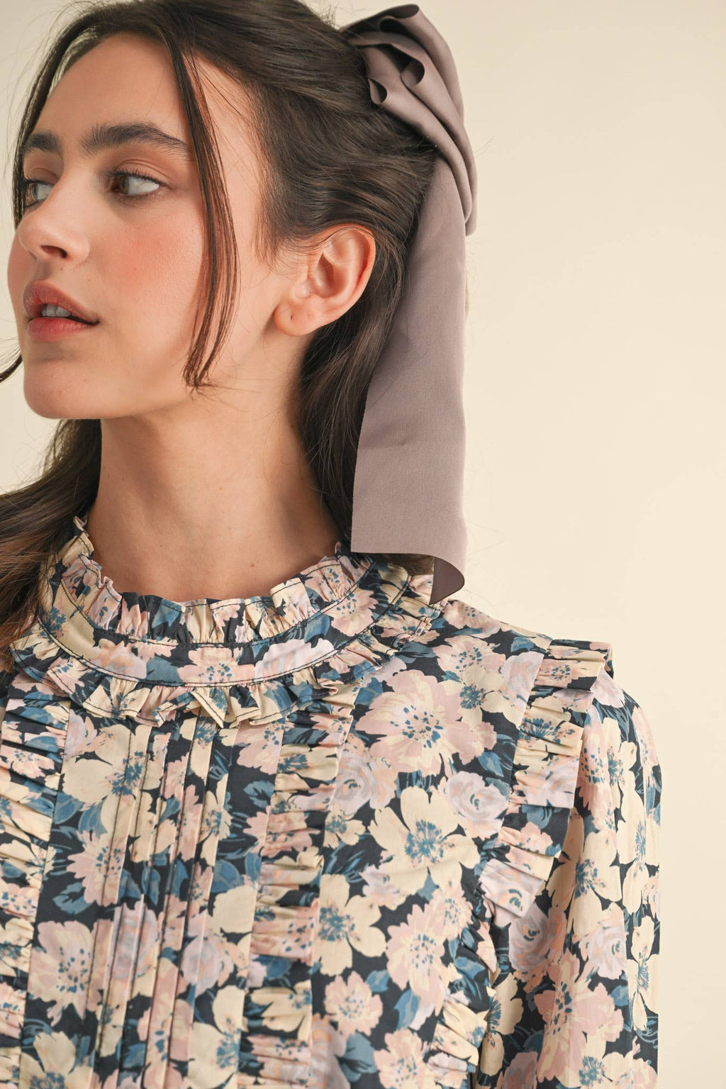 Pintuck Ruffled Floral Top