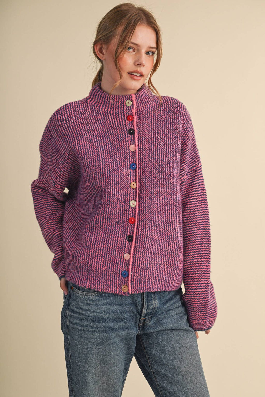 Striped Sweater Cardigan with Colorful Buttons