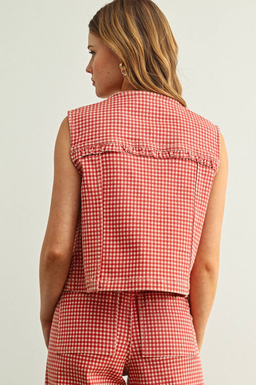 Red Gingham Button Front Vest