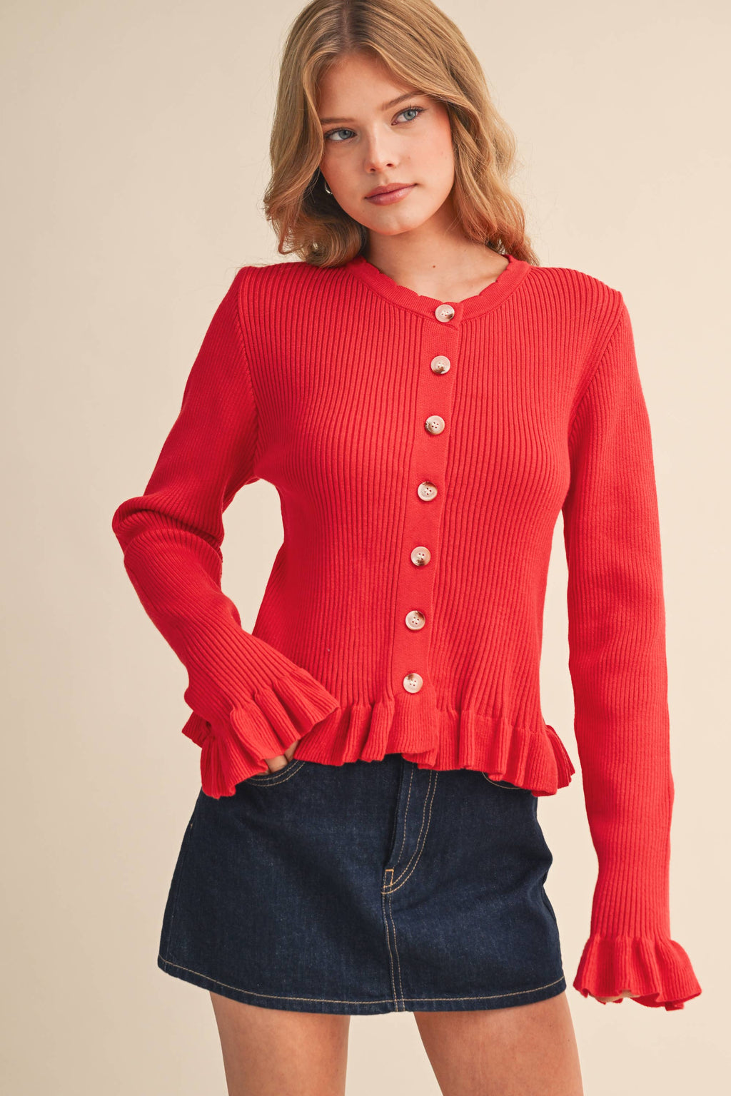 Ruffle Hem Ribbed Knit Cardigan