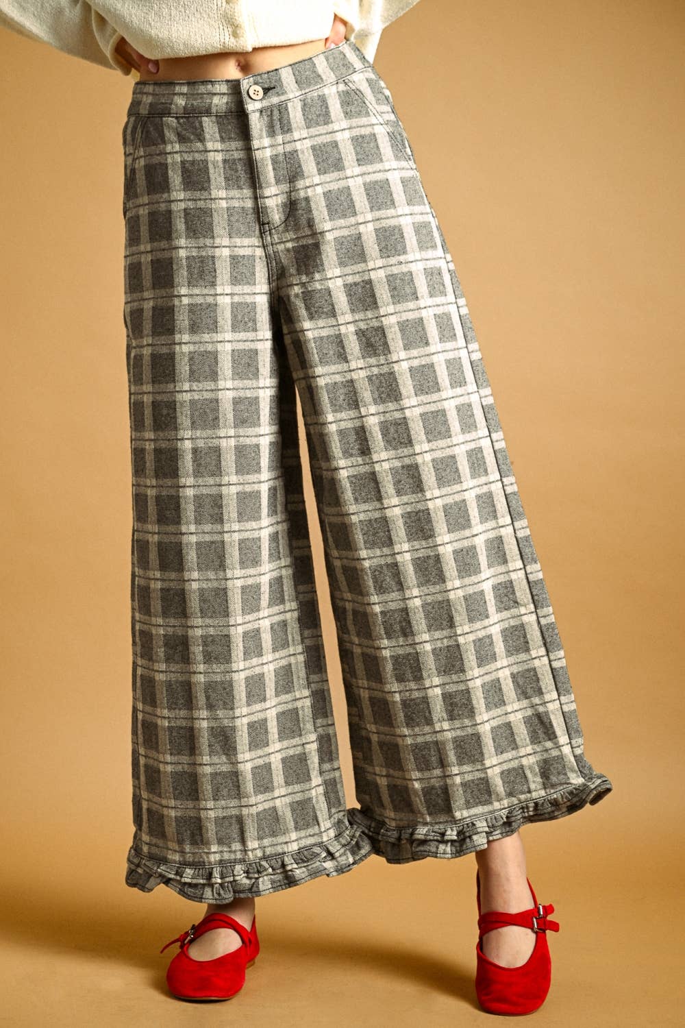 Ruffle Detail Plaid Pants