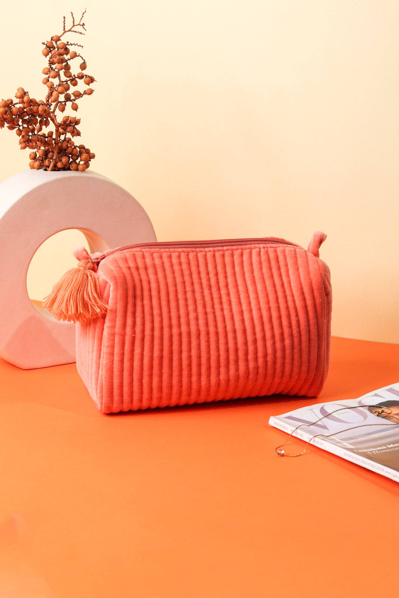 Salmon Velvet & Block Print Lined Cosmetic Pouch