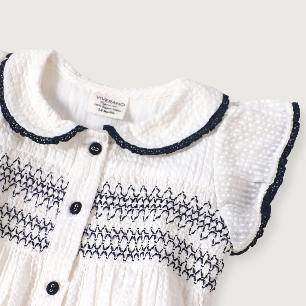 Celine White Seersucker Smocked Baby Dress + Bloomer Organic