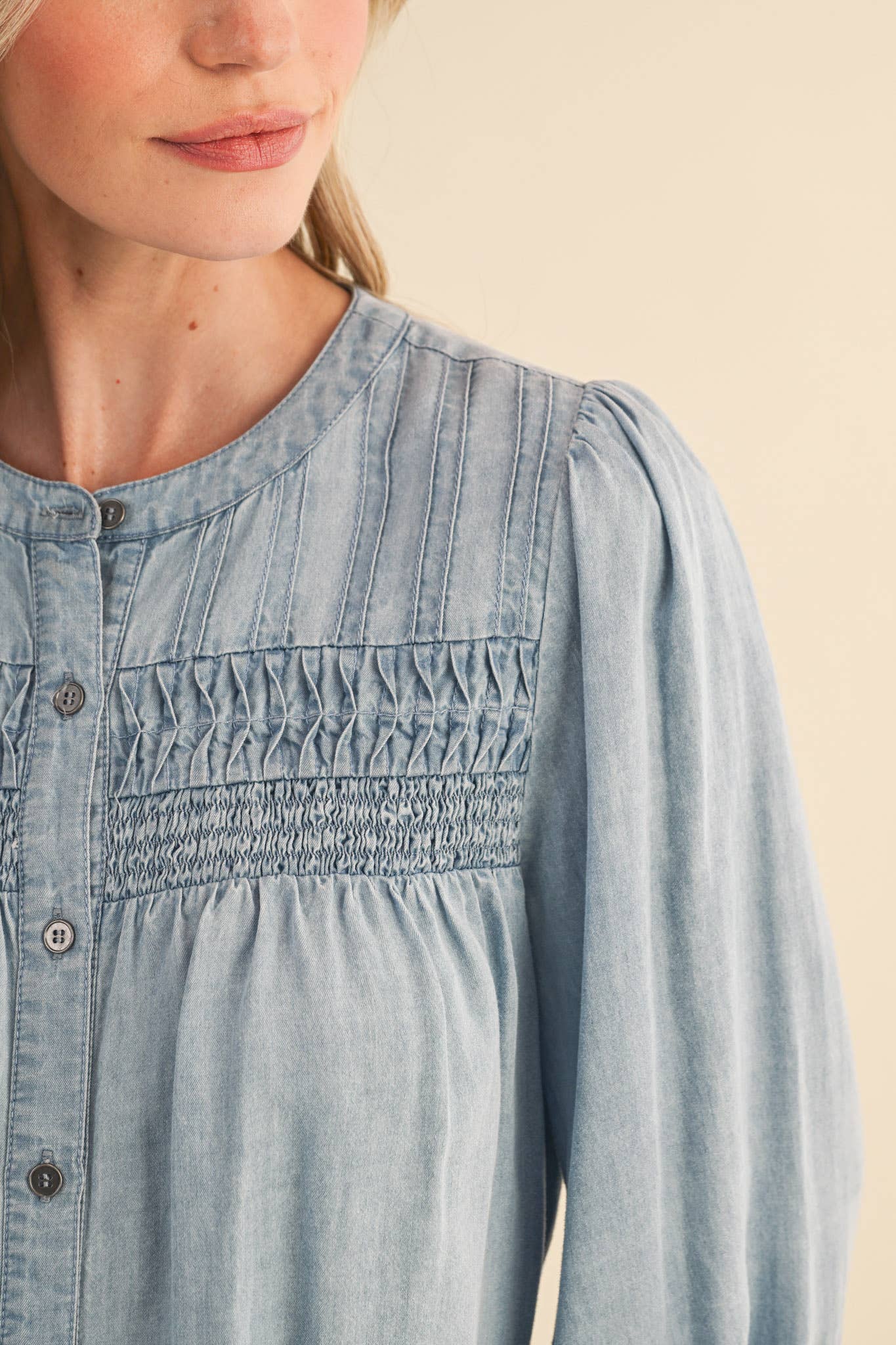 Chambray Pintuck Detail Button Down Top