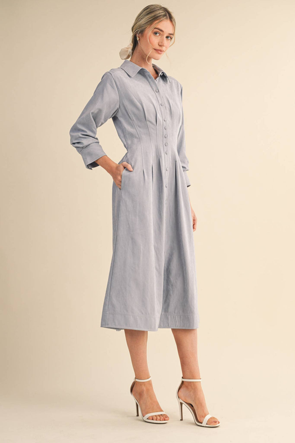 Pleated Waist Button Down Midi Dress
