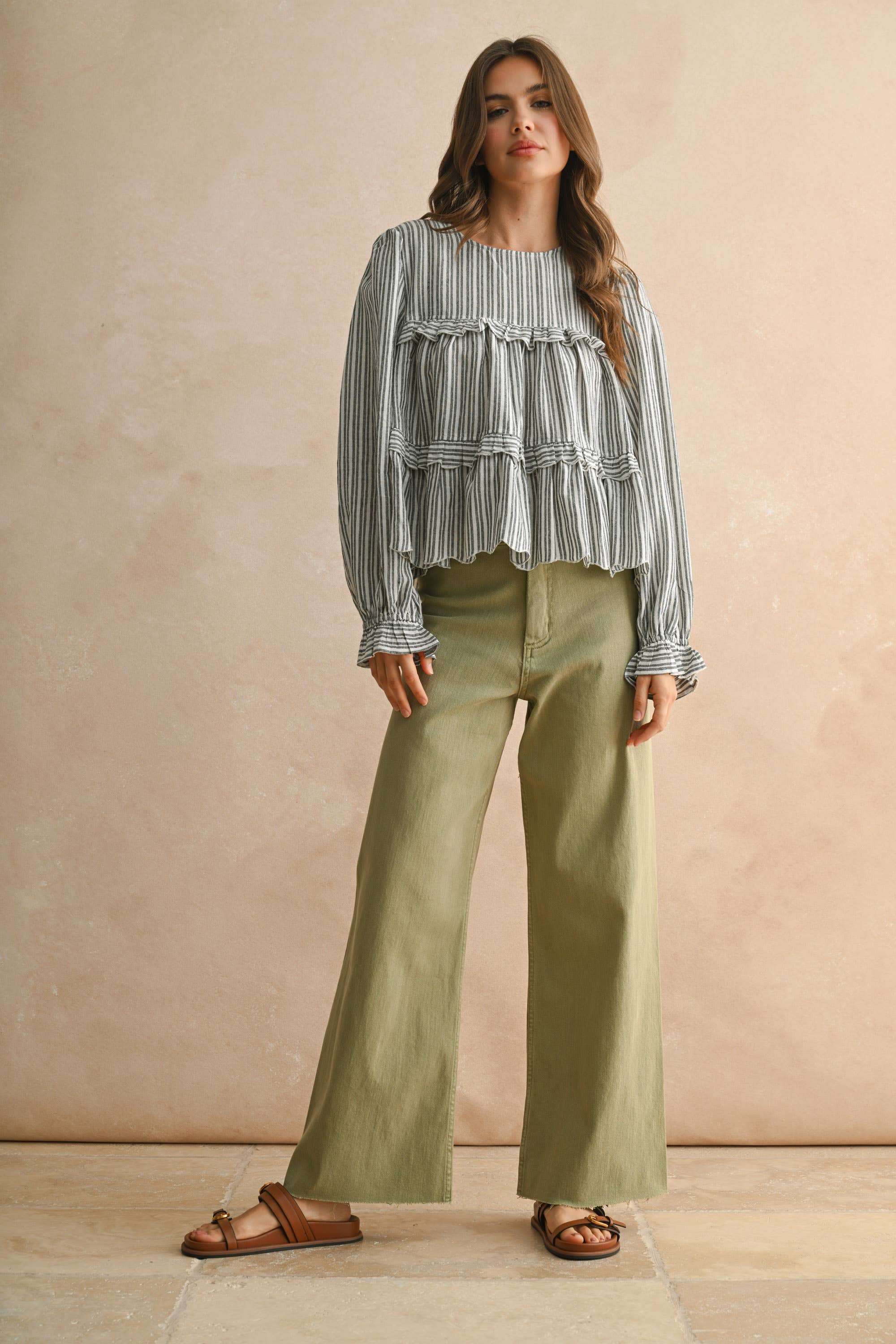 Striped Pattern Ruffle Detail Blouse