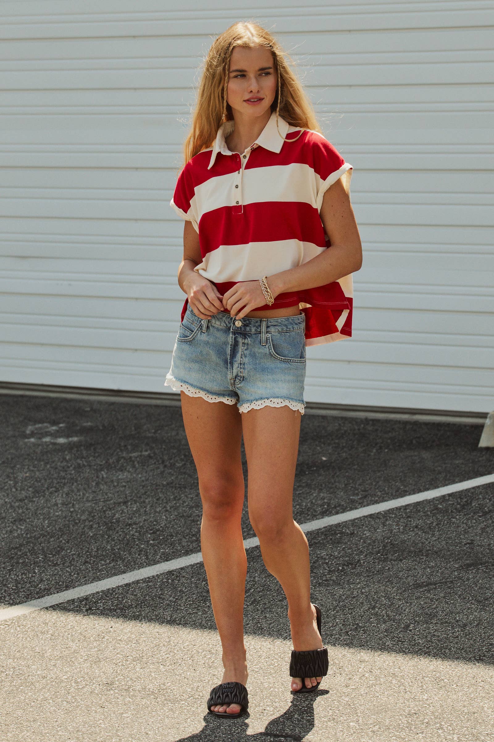 Dolman Sleeve Polo Shirt in Ivory Red
