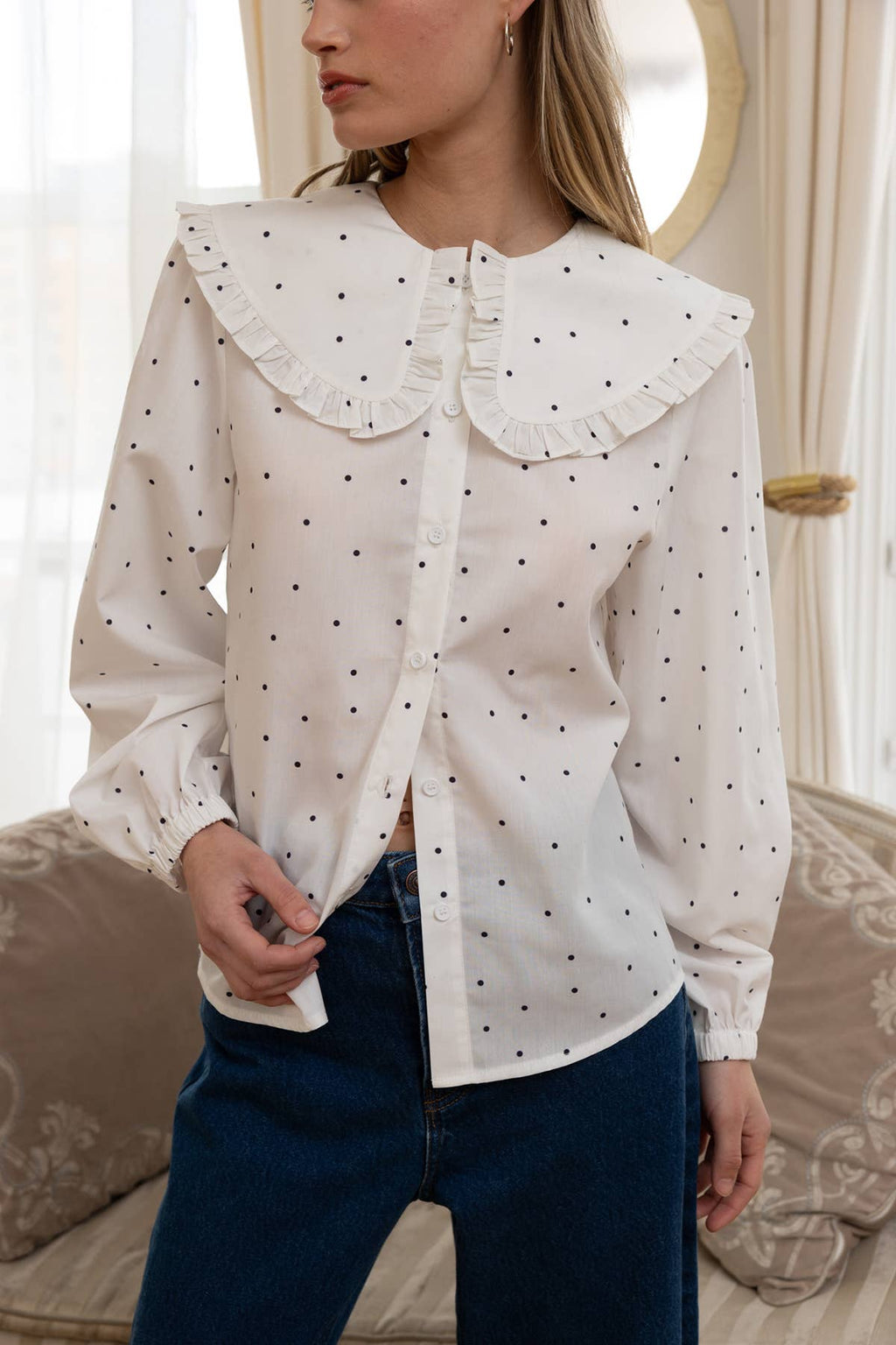 Polka Dot Ruffle Collar Blouse
