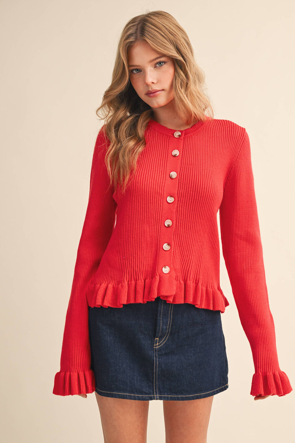 Ruffle Hem Ribbed Knit Cardigan