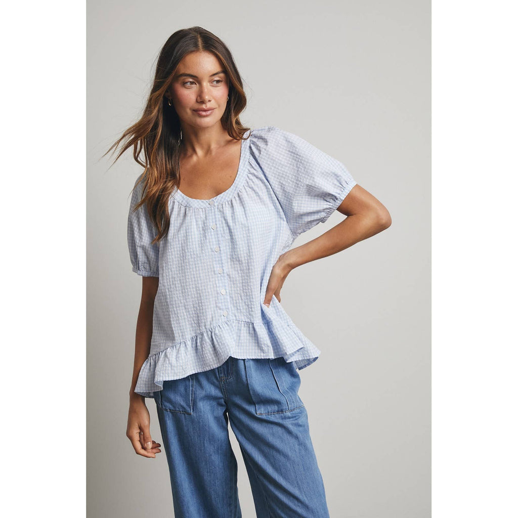Gingham Hi-Low Ruffle Blouse