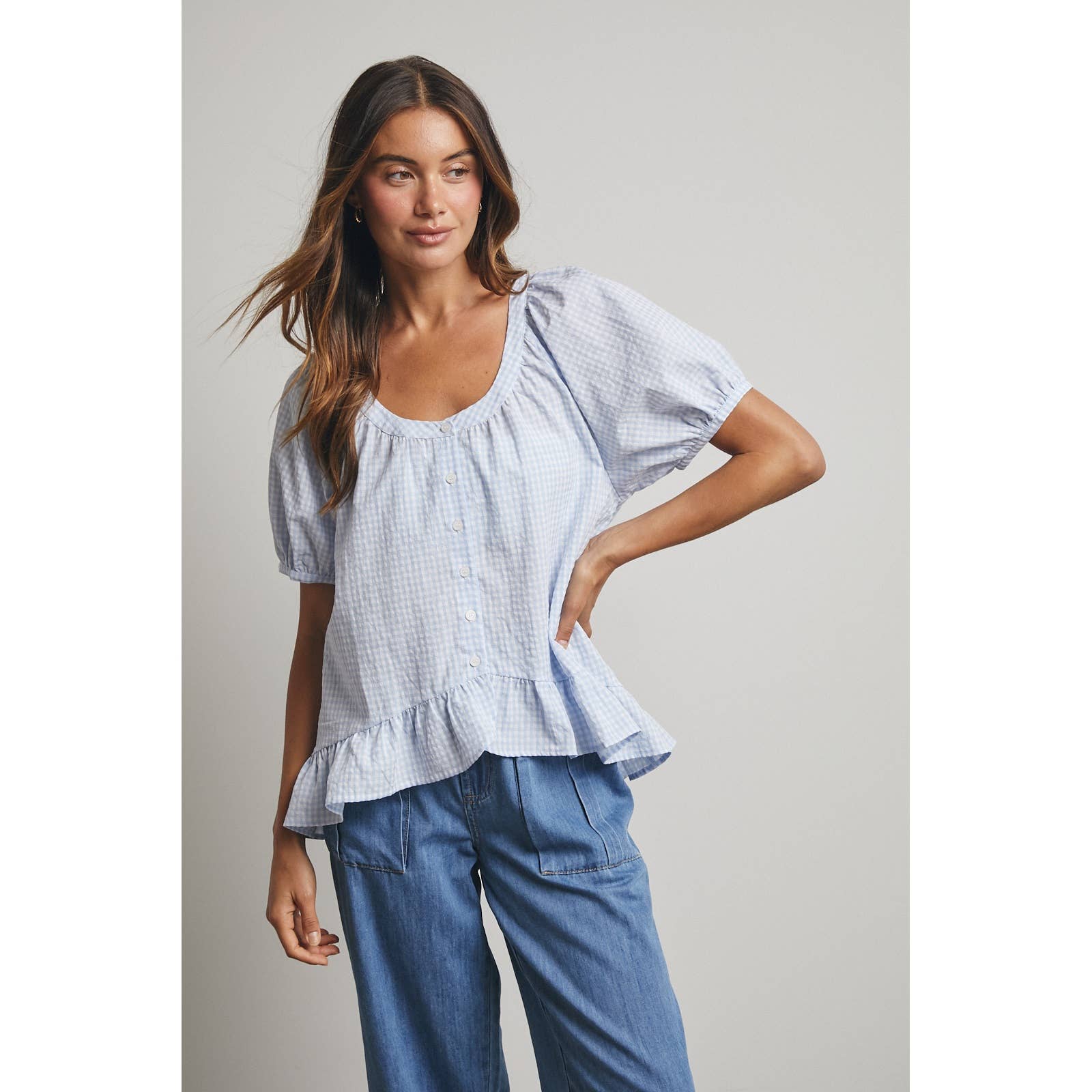 Gingham Hi-Low Ruffle Blouse