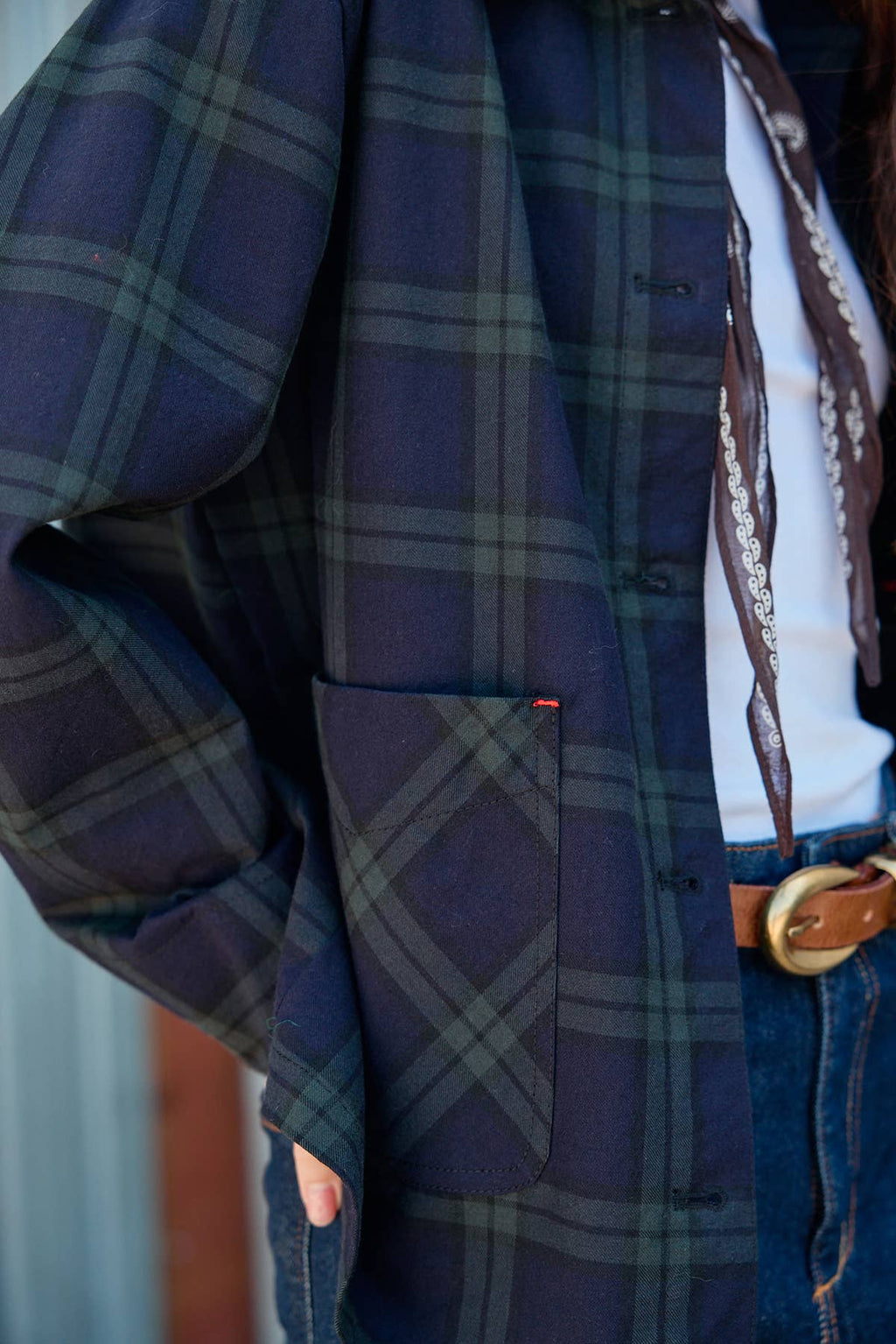 Navy Plaid Button Front Pocket Jacket