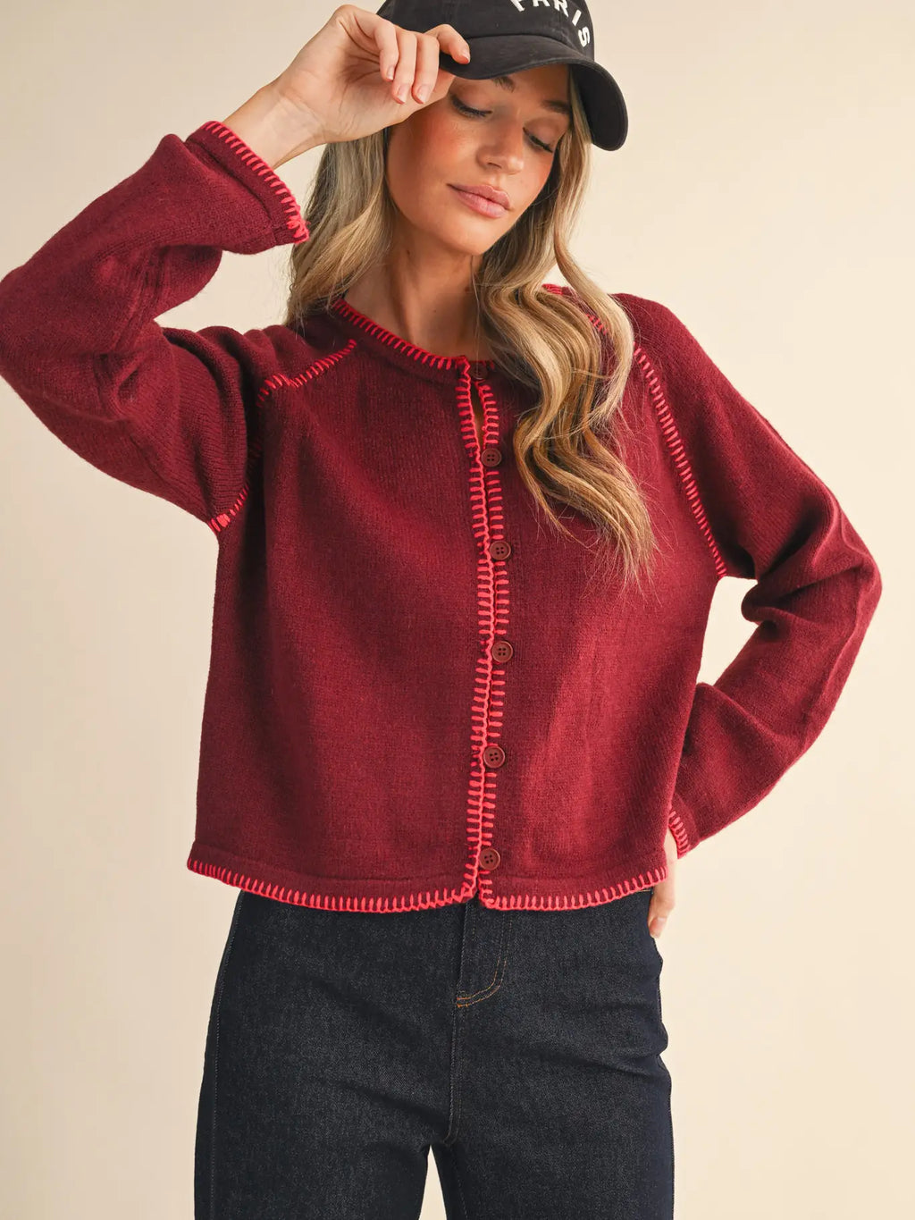 Contrast Blanket Stitch Sweater Cardigan