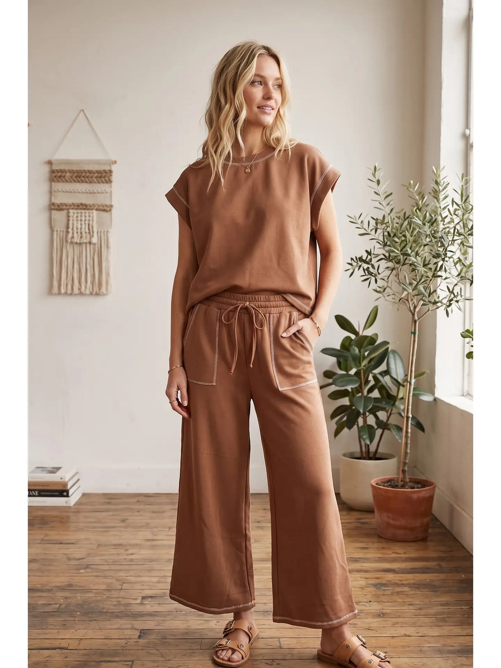 Scuba Contrast Stitch Lounge Set in Brown